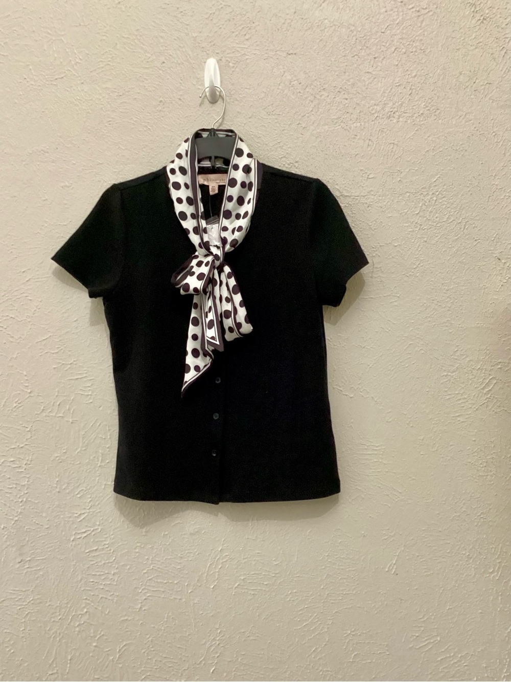 Philosophy Black Short Sleeve Cardigan Top with Polka Dot Scarf